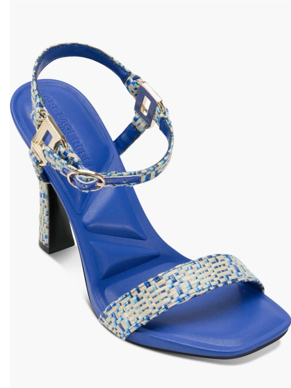 Karl Lagerfeld Cybil Blue and Cream Woven Strap High Heel Sandal